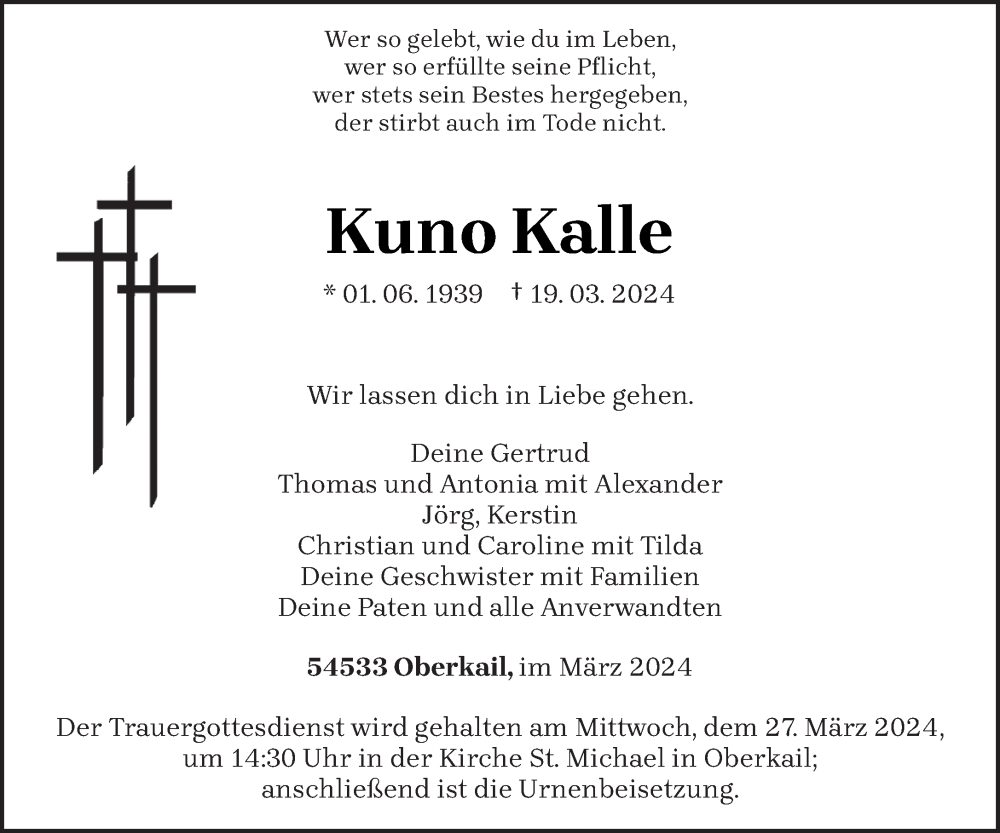  Traueranzeige für Kuno Kalle vom 23.03.2024 aus trierischer_volksfreund