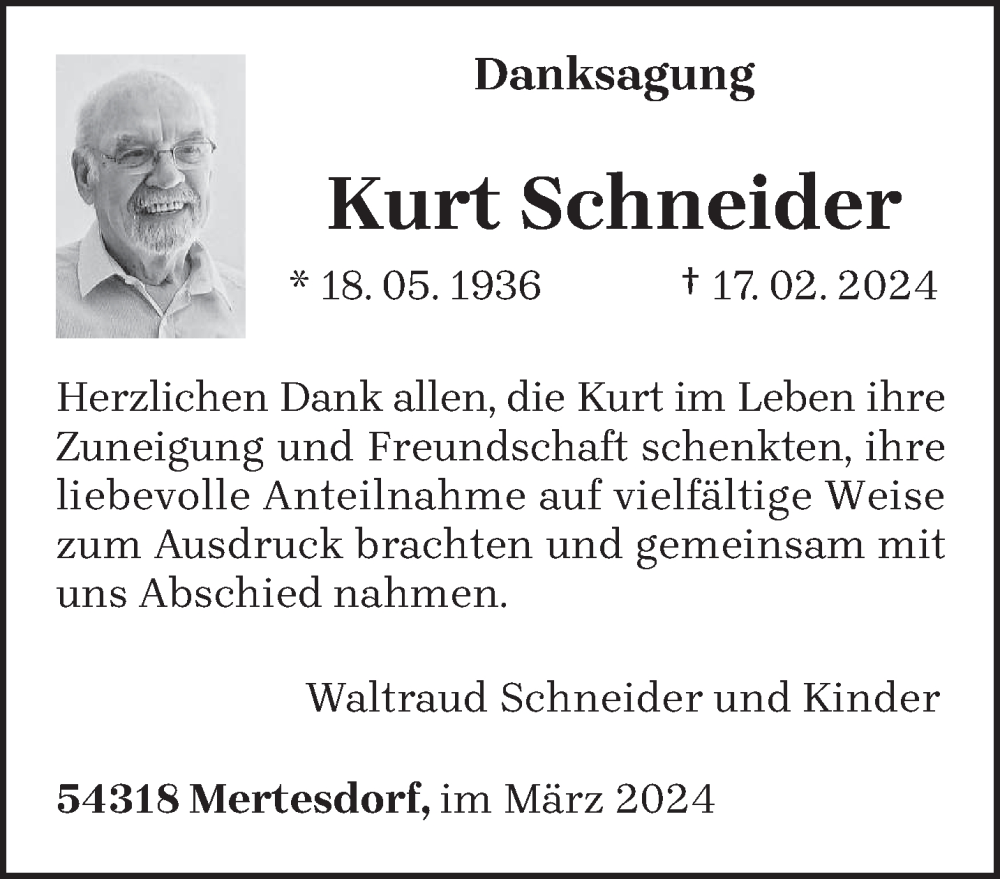  Traueranzeige für Kurt Schneider vom 30.03.2024 aus trierischer_volksfreund