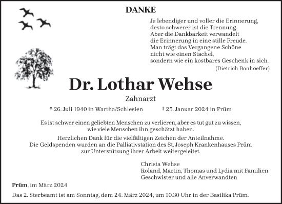 Traueranzeige von Lothar Wehse von trierischer_volksfreund