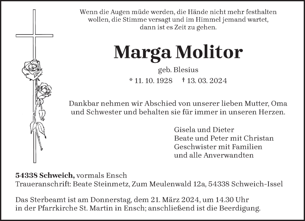  Traueranzeige für Marga Molitor vom 16.03.2024 aus trierischer_volksfreund