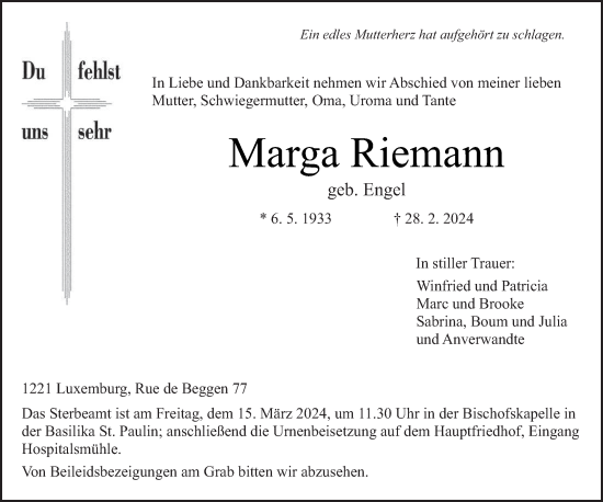 Traueranzeige von Marga Riemann von trierischer_volksfreund