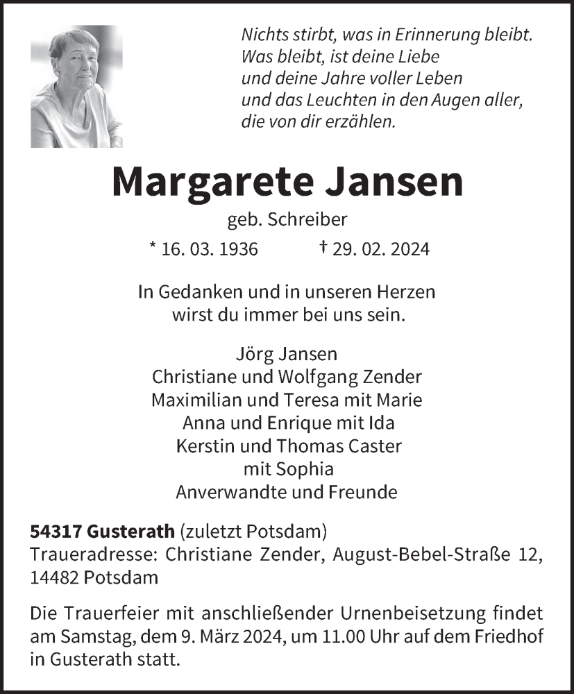  Traueranzeige für Margarete Jansen vom 06.03.2024 aus trierischer_volksfreund
