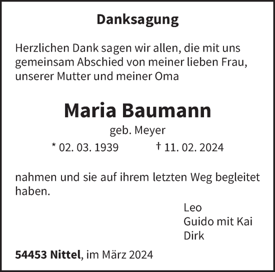 Traueranzeige von Maria Baumann von trierischer_volksfreund