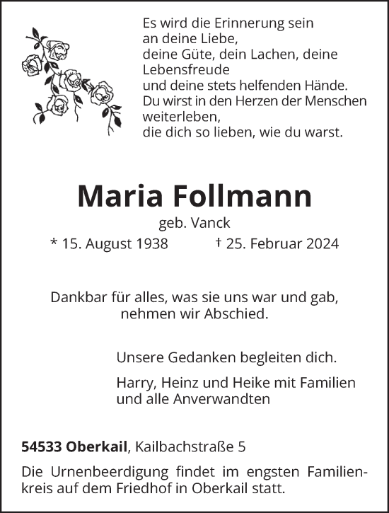 Traueranzeige von Maria Follmann von trierischer_volksfreund