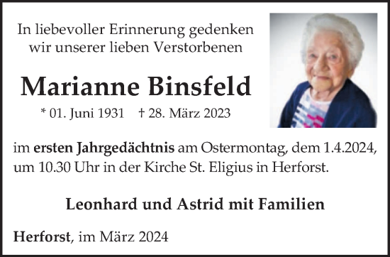 Traueranzeige von Marianne Binsfeld von trierischer_volksfreund