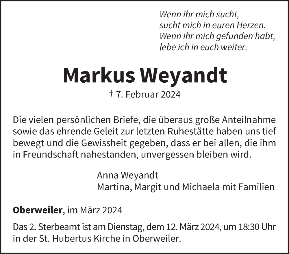  Traueranzeige für Markus Weyandt vom 09.03.2024 aus trierischer_volksfreund