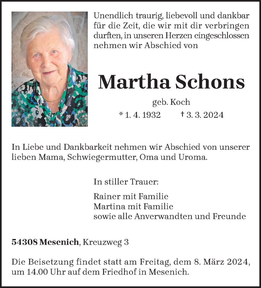  Traueranzeige für Martha Schons vom 06.03.2024 aus trierischer_volksfreund