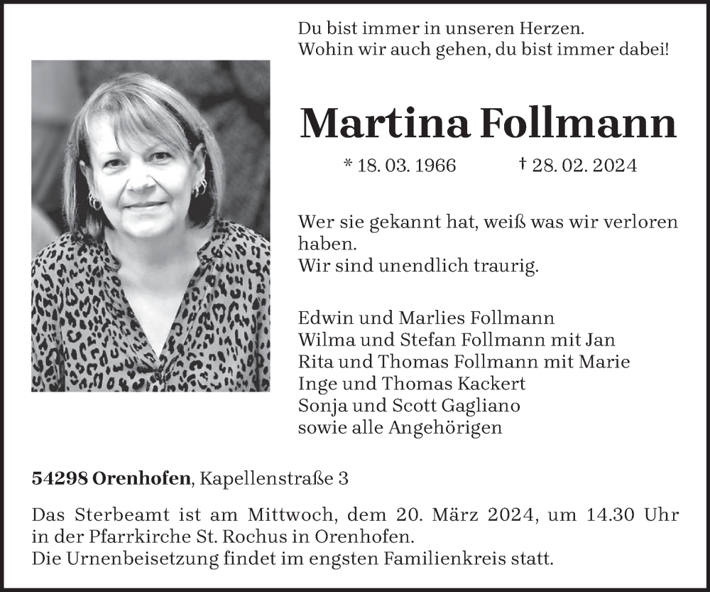  Traueranzeige für Martina Follmann vom 16.03.2024 aus trierischer_volksfreund