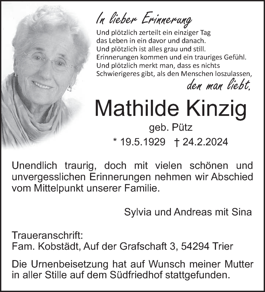  Traueranzeige für Mathilde Kinzig vom 09.03.2024 aus trierischer_volksfreund
