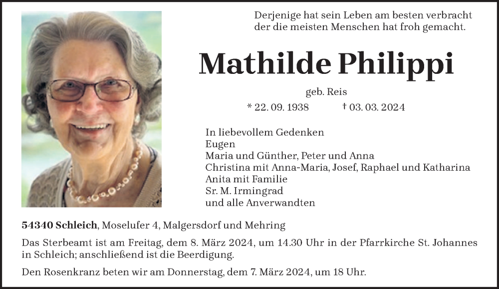  Traueranzeige für Mathilde Philippi vom 05.03.2024 aus trierischer_volksfreund