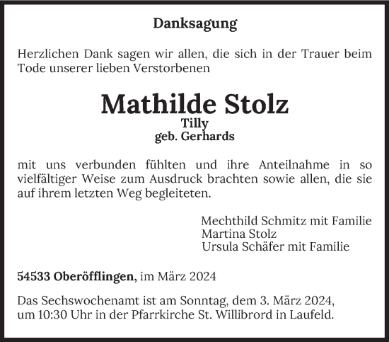 Traueranzeige von Mathilde Stolz von trierischer_volksfreund