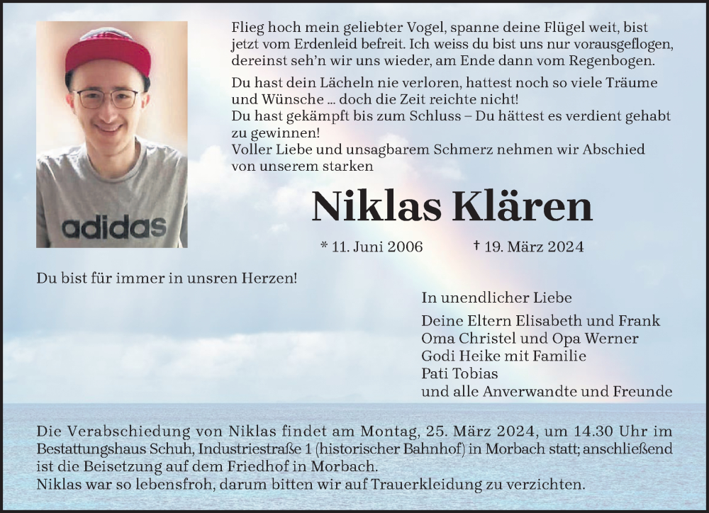  Traueranzeige für Niklas Klären vom 23.03.2024 aus trierischer_volksfreund