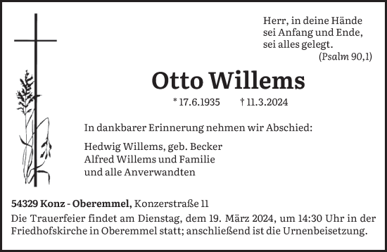 Traueranzeige von Otto Willems von trierischer_volksfreund