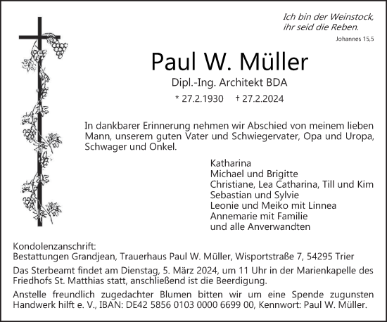 Traueranzeige von Paul W. Müller von trierischer_volksfreund