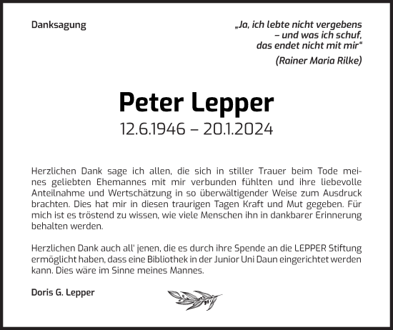 Traueranzeige von Peter Lepper von trierischer_volksfreund
