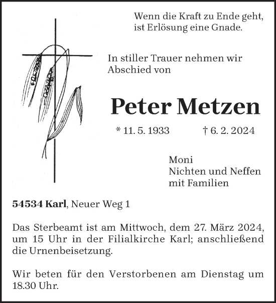 Traueranzeige von Peter Metzen von trierischer_volksfreund