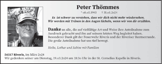 Traueranzeige von Peter Thömmes von trierischer_volksfreund