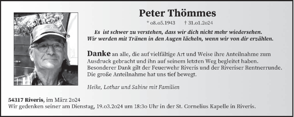  Traueranzeige für Peter Thömmes vom 16.03.2024 aus trierischer_volksfreund