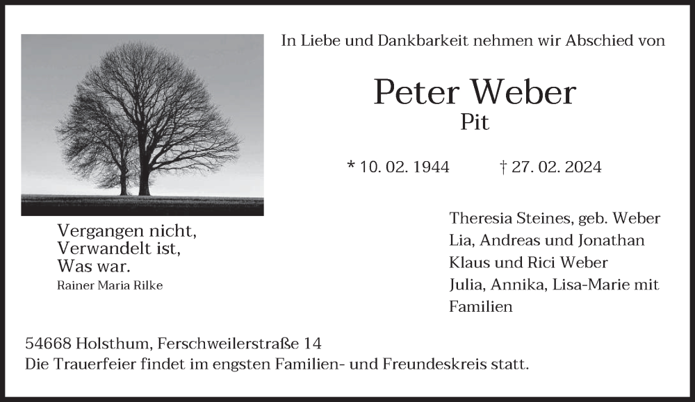 Traueranzeige für Peter Weber vom 09.03.2024 aus trierischer_volksfreund