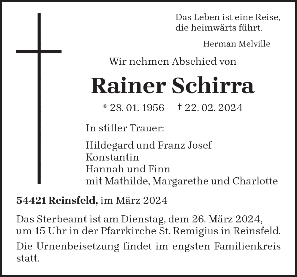  Traueranzeige für Rainer Schirra vom 16.03.2024 aus trierischer_volksfreund