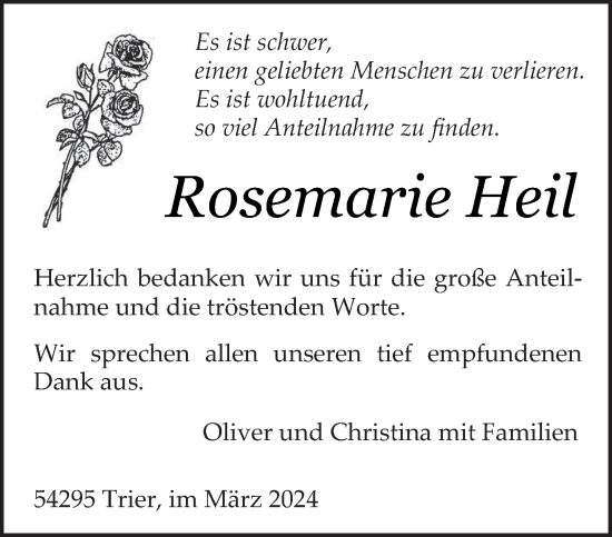 Traueranzeige von Rosemarie Heil von trierischer_volksfreund