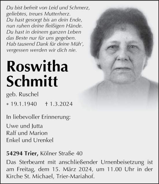 Traueranzeige von Roswitha Schmitt von trierischer_volksfreund