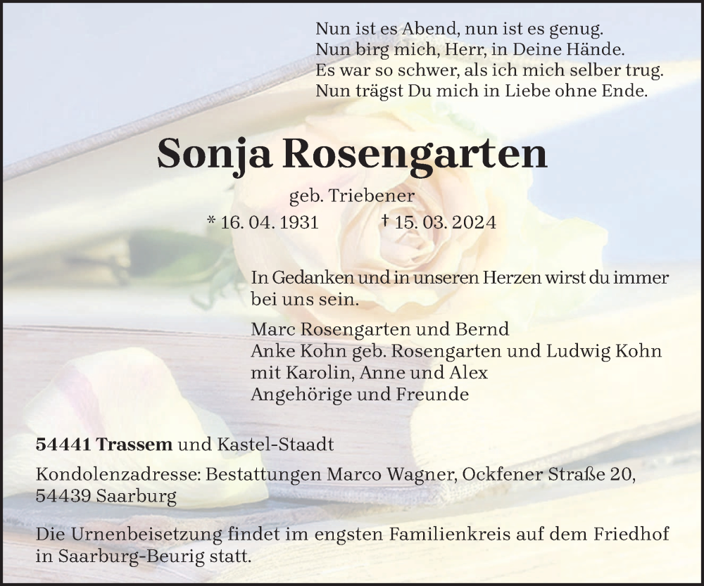  Traueranzeige für Sonja Rosengarten vom 21.03.2024 aus trierischer_volksfreund