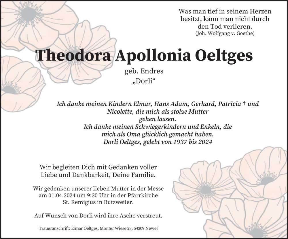  Traueranzeige für Theodora Apollonia Oeltges vom 16.03.2024 aus trierischer_volksfreund