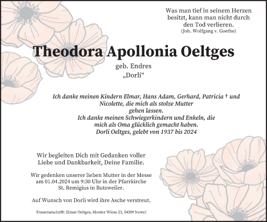 Traueranzeige von Theodora Apollonia Oeltges von trierischer_volksfreund
