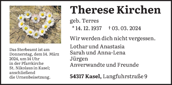 Traueranzeige von Therese Kirchen von trierischer_volksfreund