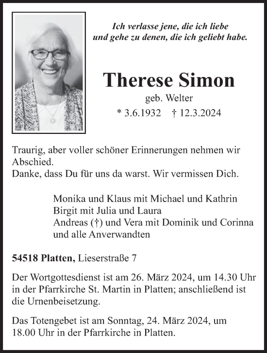 Traueranzeige von Therese Simon von trierischer_volksfreund