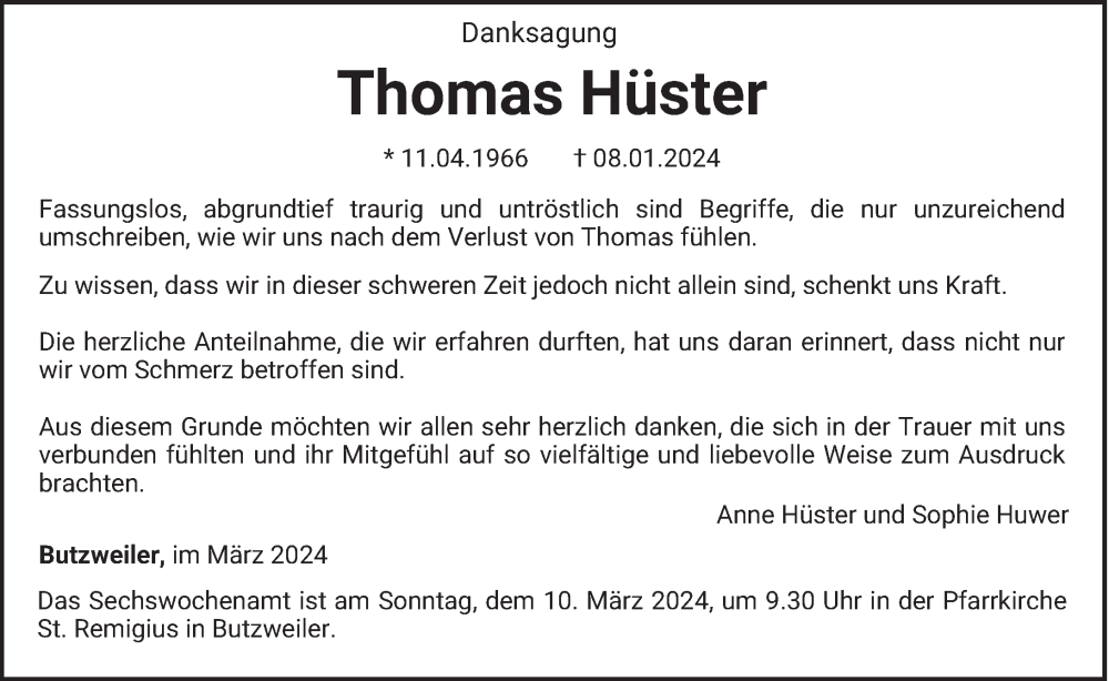  Traueranzeige für Thomas Hüster vom 02.03.2024 aus trierischer_volksfreund