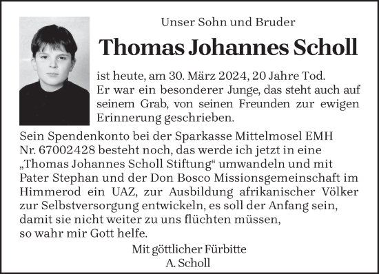 Traueranzeige von Thomas Johannes Scholl von trierischer_volksfreund