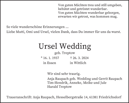 Traueranzeige von Ursel Wedding von trierischer_volksfreund