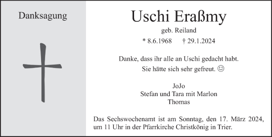 Traueranzeige von Uschi Eraßmy von trierischer_volksfreund