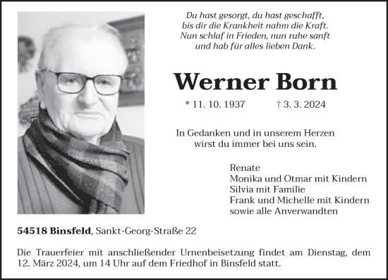 Traueranzeige von Werner Born von trierischer_volksfreund