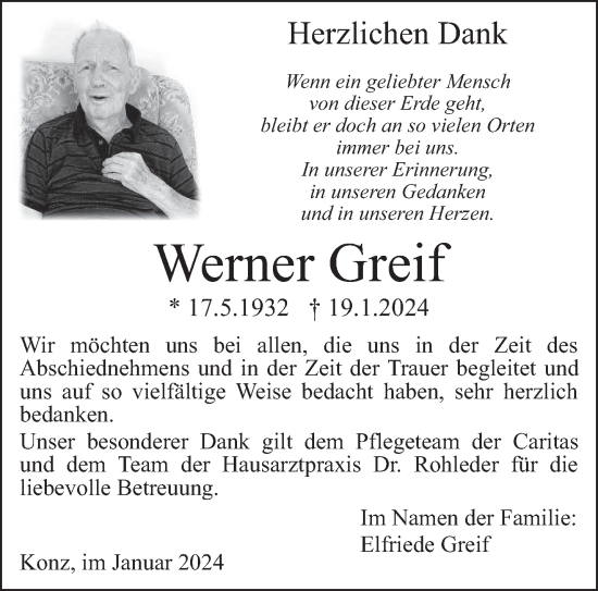 Traueranzeige von Werner Greif von trierischer_volksfreund
