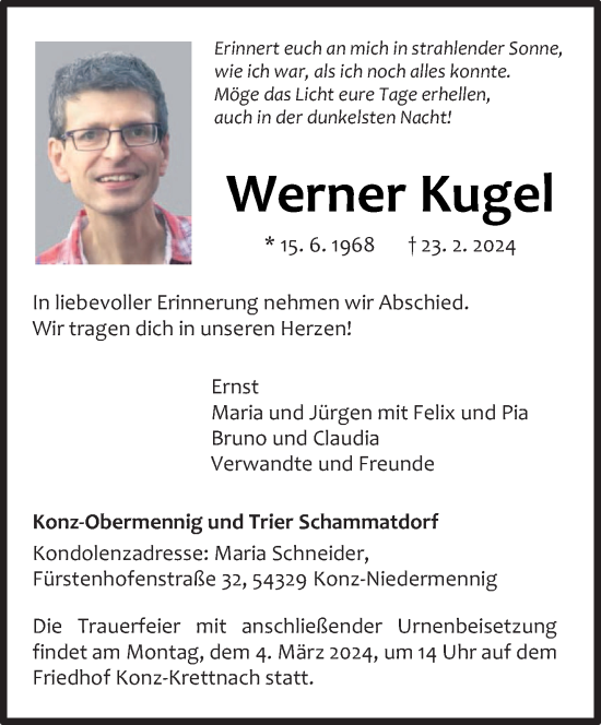 Traueranzeige von Werner Kugel von trierischer_volksfreund