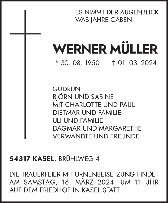 Traueranzeige von Werner Müller von trierischer_volksfreund