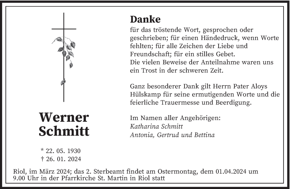  Traueranzeige für Werner Schmitt vom 23.03.2024 aus trierischer_volksfreund