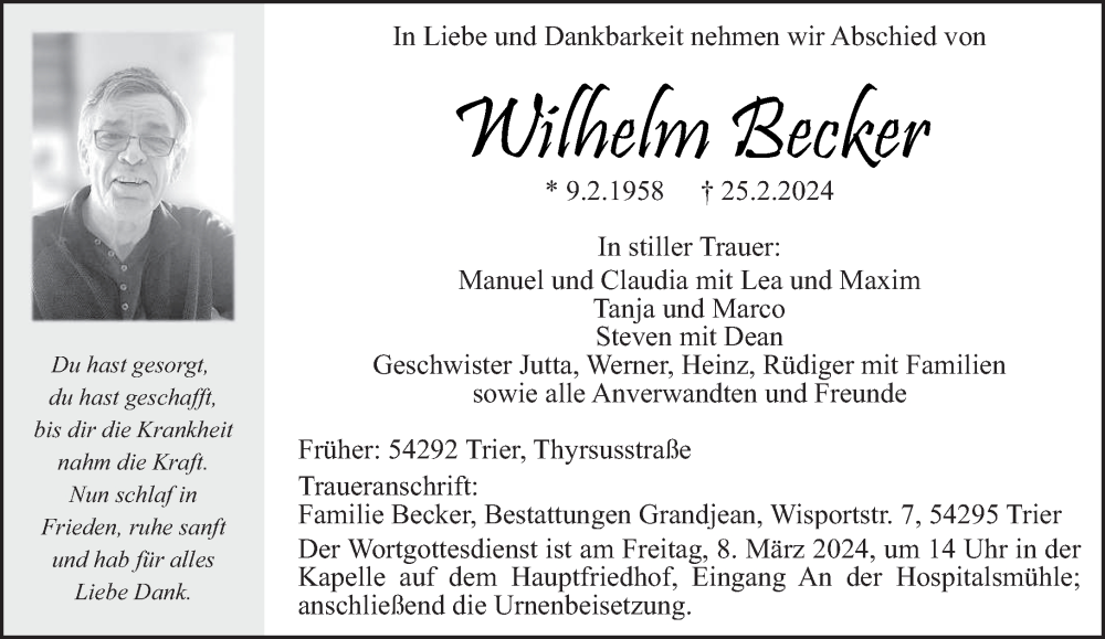  Traueranzeige für Wilhelm Becker vom 02.03.2024 aus trierischer_volksfreund