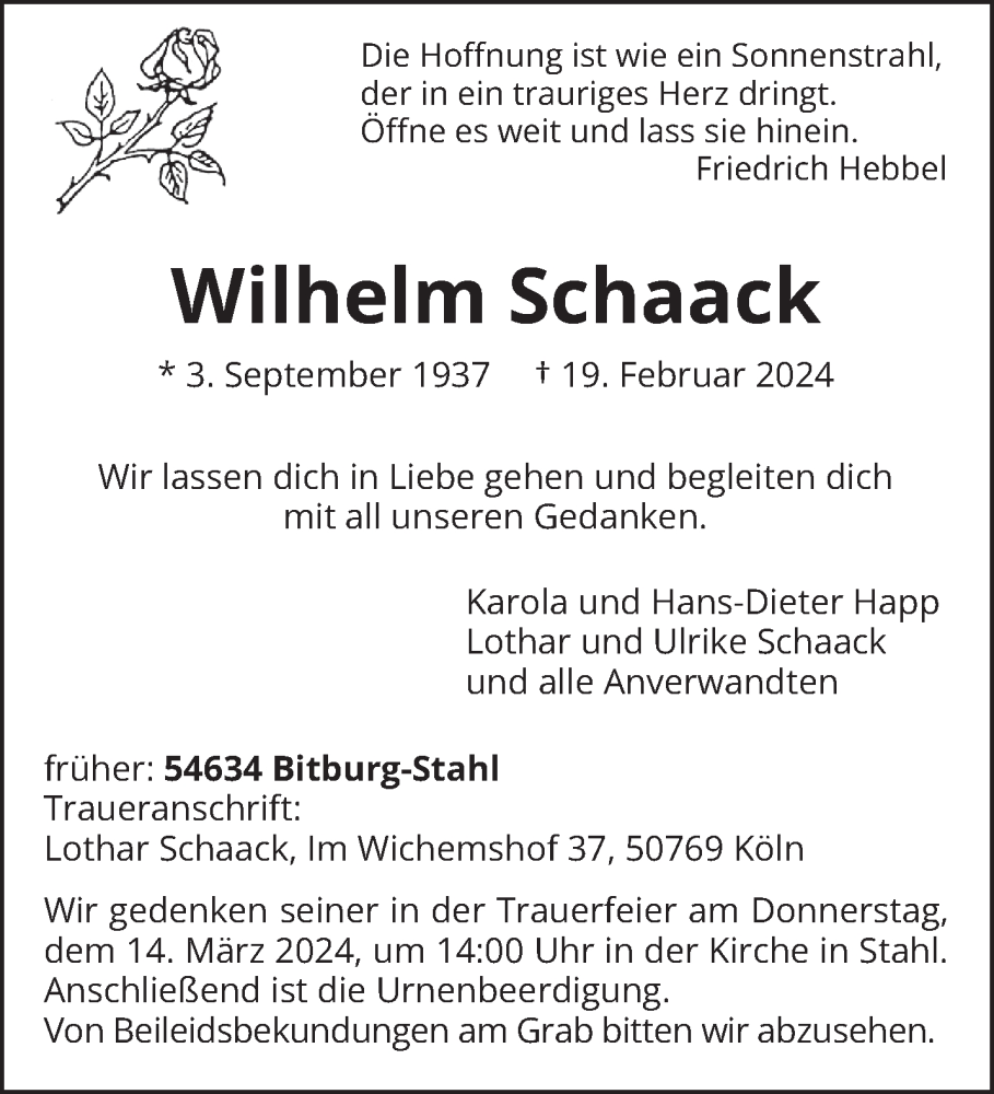  Traueranzeige für Wilhelm Schaack vom 09.03.2024 aus trierischer_volksfreund