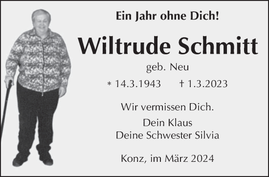 Traueranzeige von Wiltrude Schmitt von trierischer_volksfreund