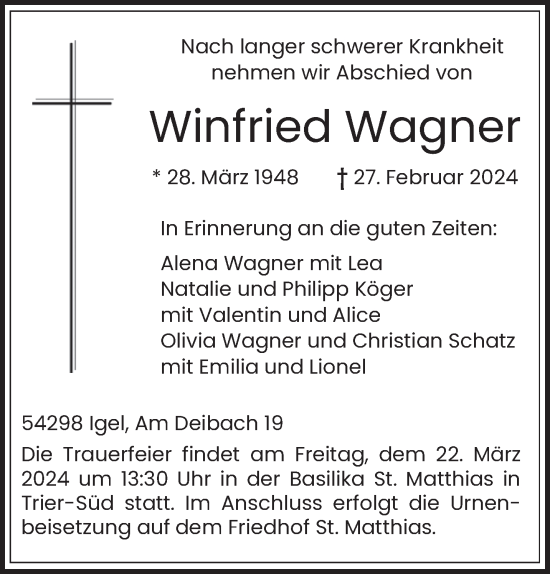 Traueranzeige von Winfried Wagner von trierischer_volksfreund