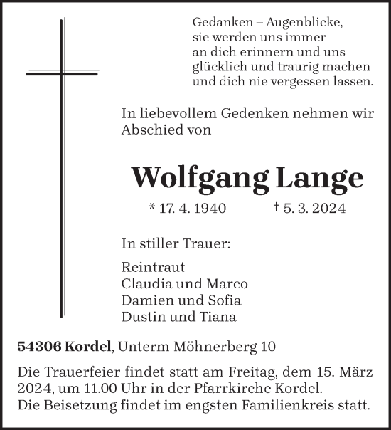 Traueranzeige von Wolfgang Lange von trierischer_volksfreund