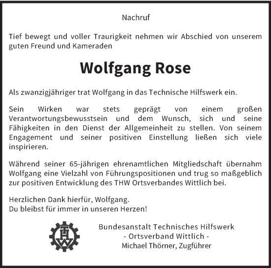 Traueranzeige von Wolfgang Rose von trierischer_volksfreund
