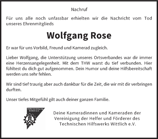 Traueranzeige von Wolfgang Rose von trierischer_volksfreund