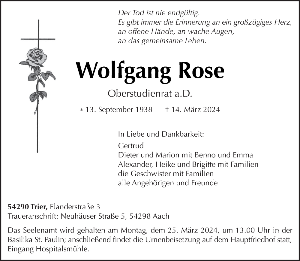  Traueranzeige für Wolfgang Rose vom 20.03.2024 aus trierischer_volksfreund
