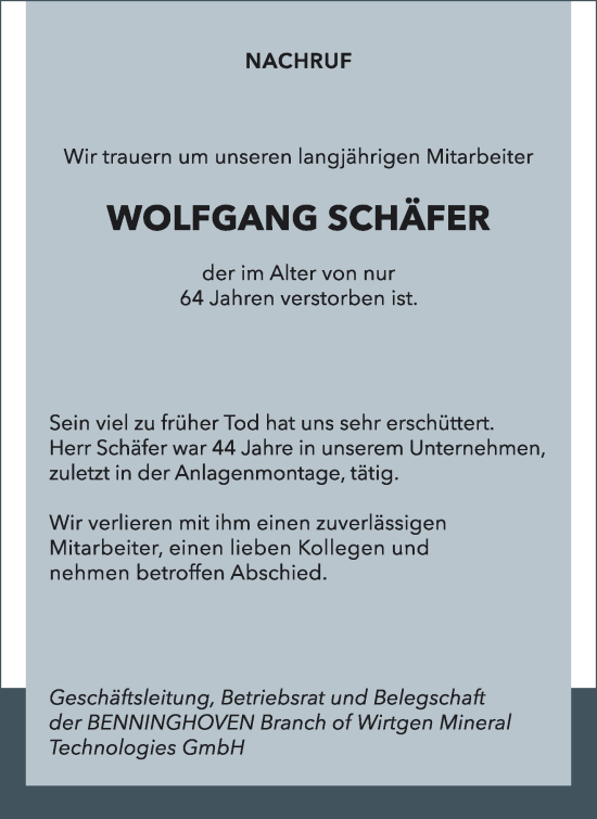 Traueranzeige von Wolfgang Schäfer von trierischer_volksfreund