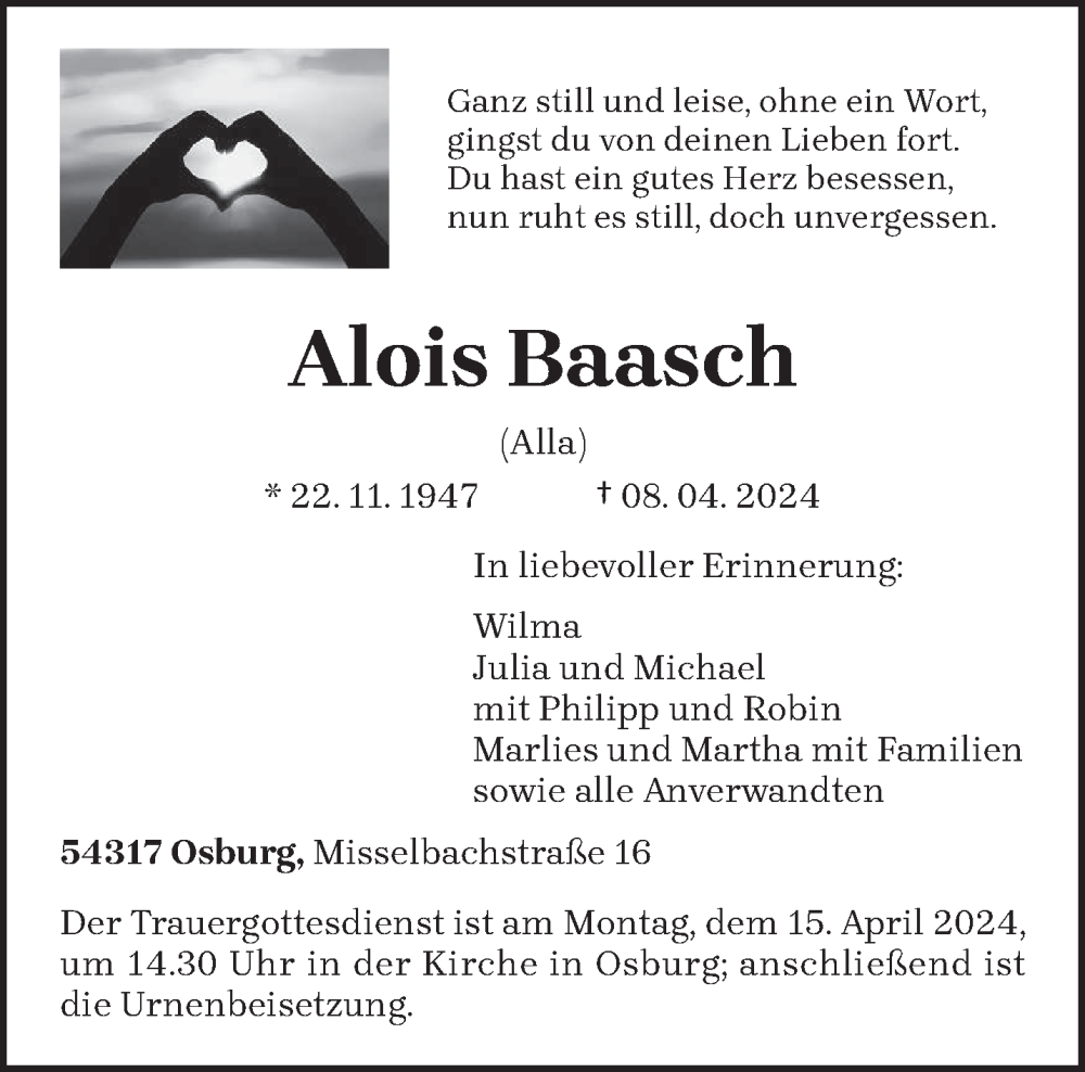  Traueranzeige für Alois Baasch vom 13.04.2024 aus trierischer_volksfreund